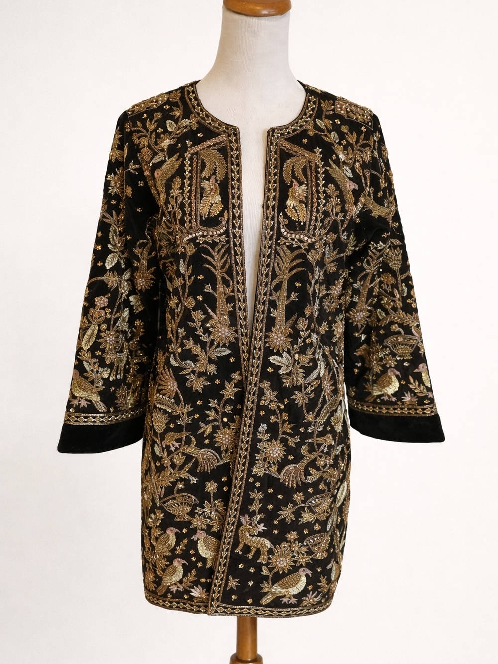 Couture Black Velvet & Silk Jacket with Gold Embroidery – Handcrafted